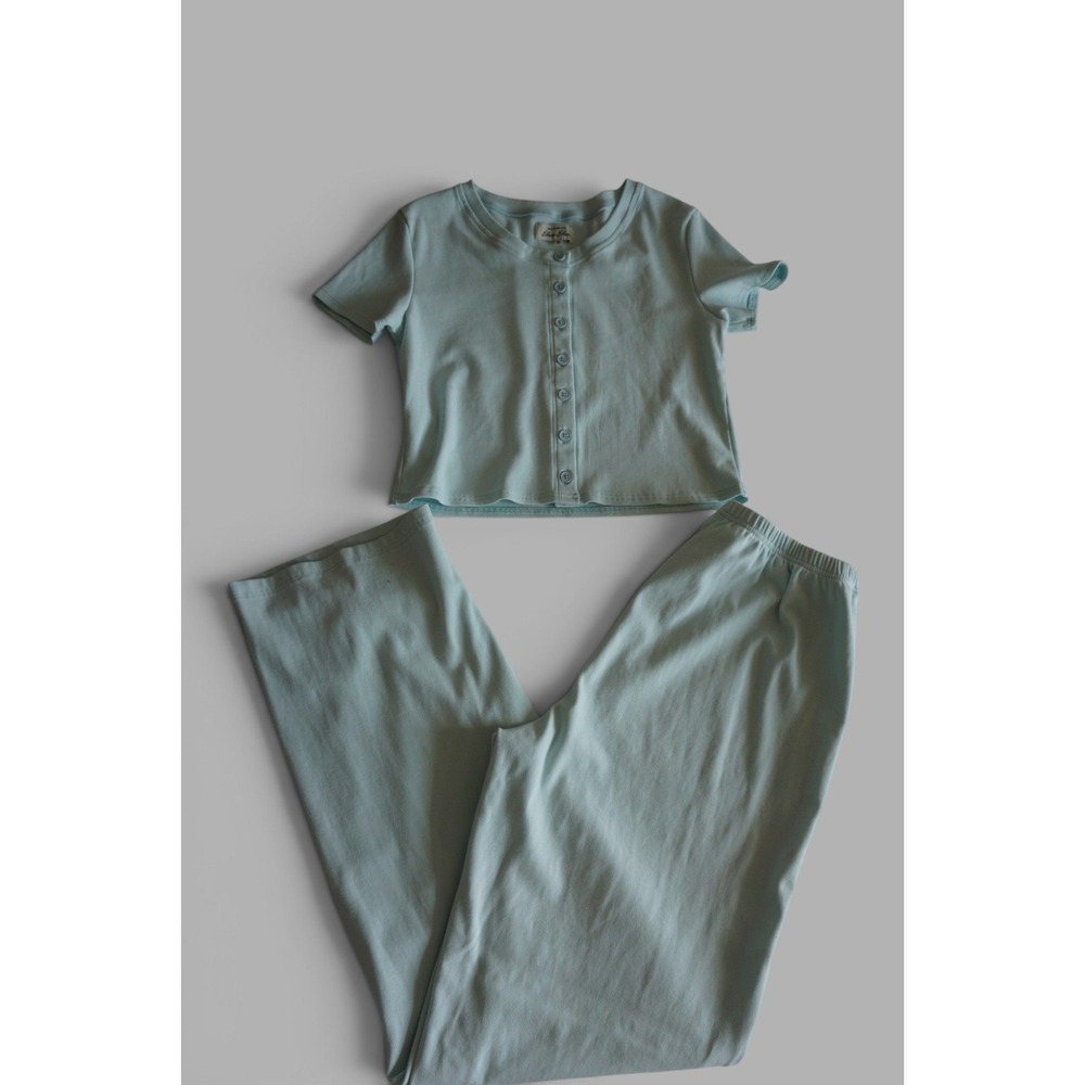 Eleven Eleven Women Light Blue Ribbed Knit Lounge Set Cardigan Wide Leg Pants